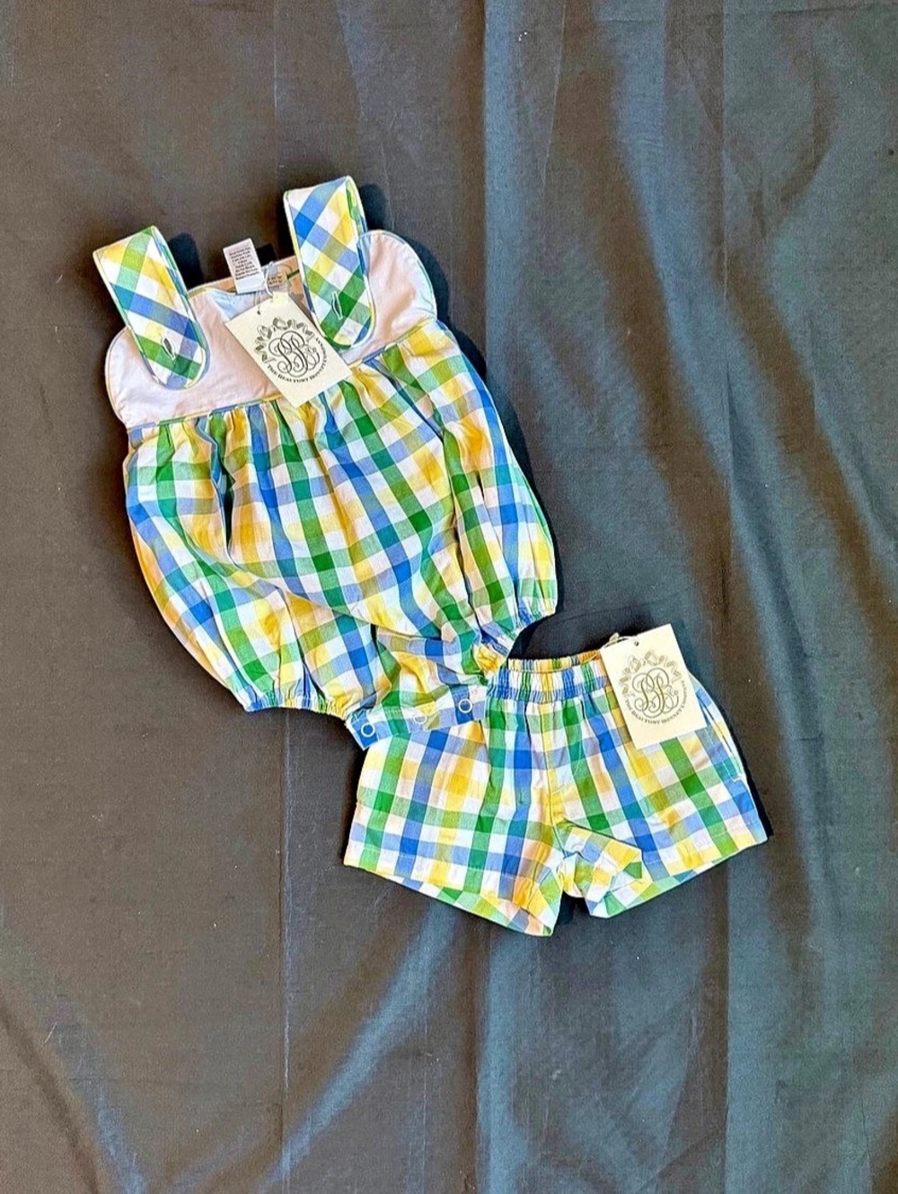 The Beaufort Bonnet Company Primland Plaid Bubble and Shorts Set Blue & Green